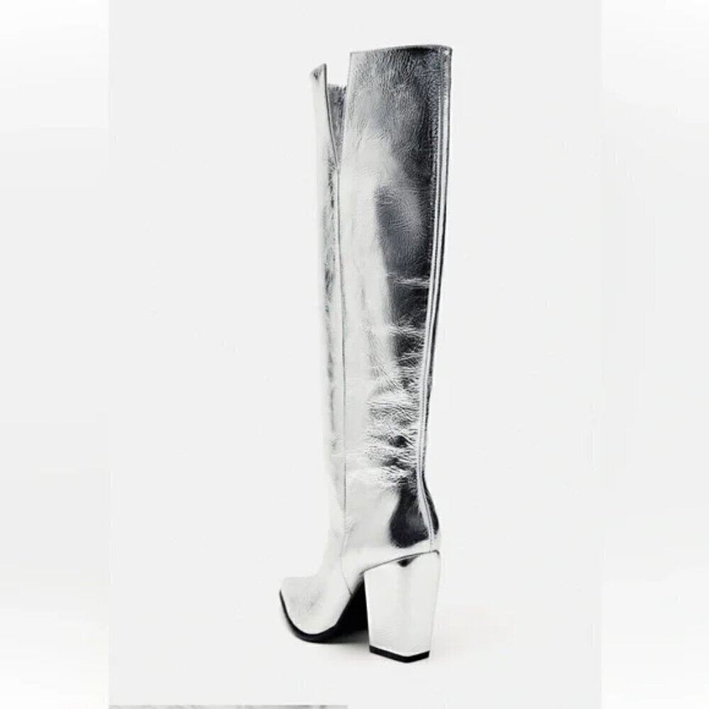 ZARA 100% LEATHER METALLIC HEELED KNEE HIGH BOOTS - Picture 8 of 13